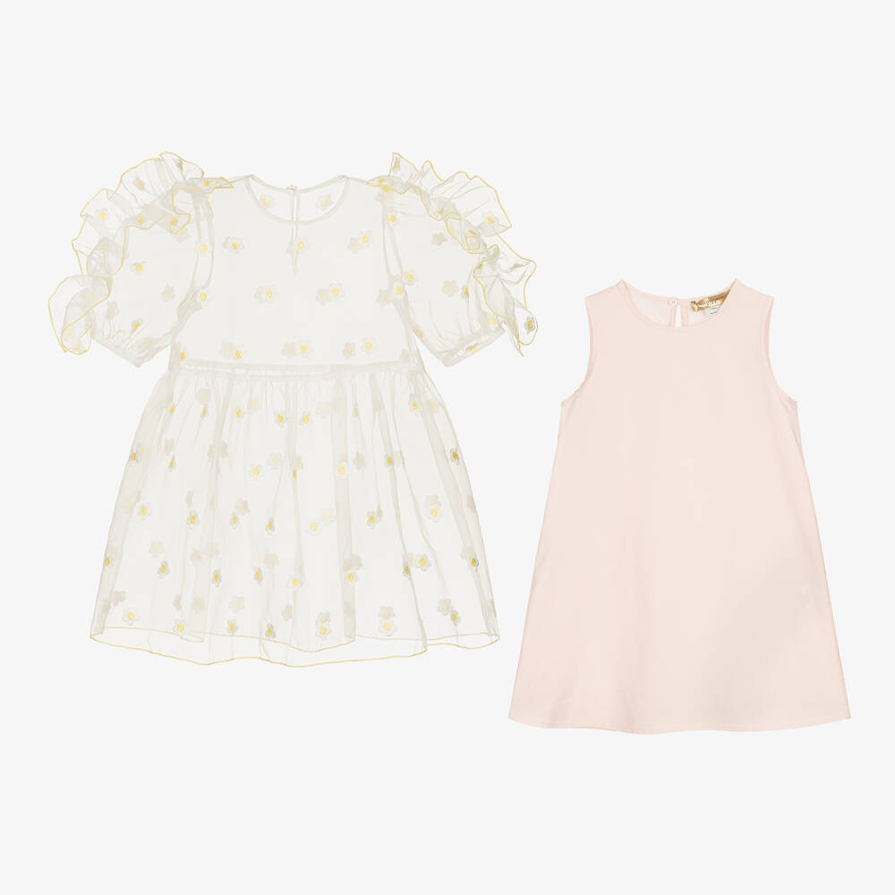 Stella McCartney Kids-Розовое платье из органзы с вышитыми ромашками | Childrensalon Outlet