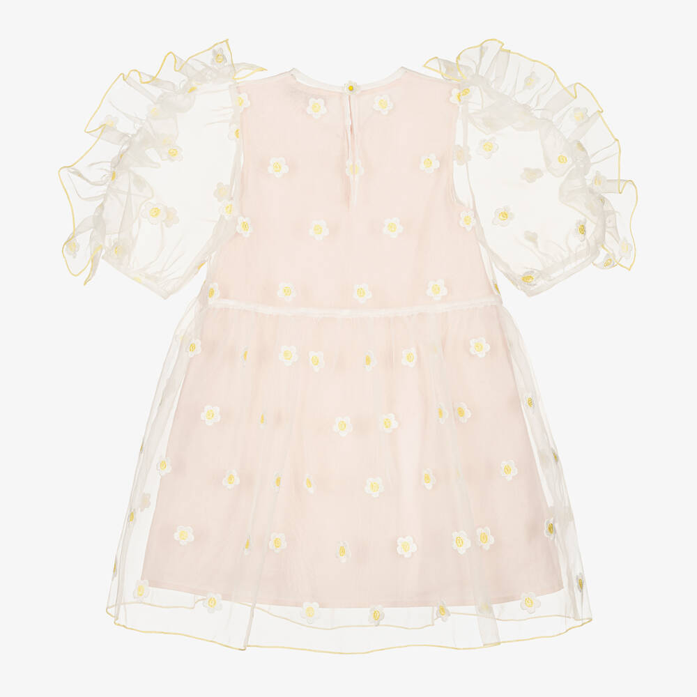 Stella McCartney Kids-Розовое платье из органзы с вышитыми ромашками | Childrensalon Outlet