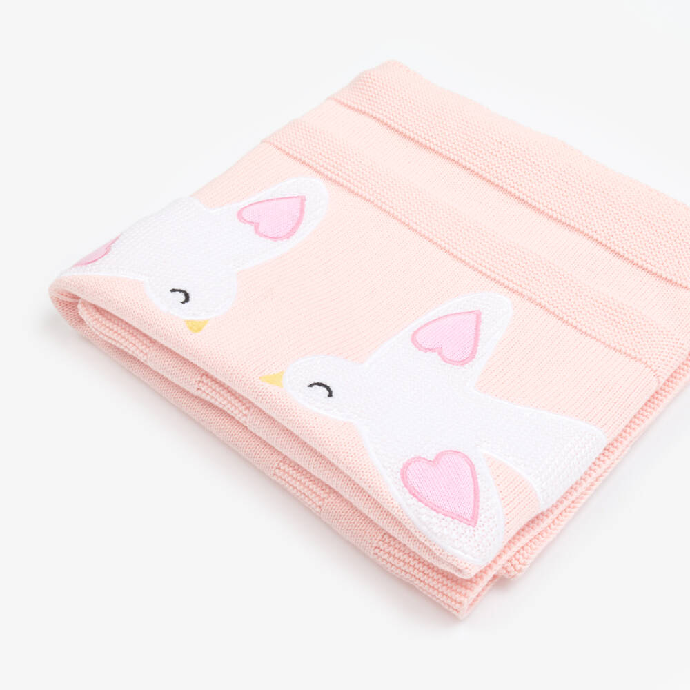 Stella McCartney Kids-Girls Pink Knitted Cotton Blanket with White Birds (78cm) | Childrensalon Outlet