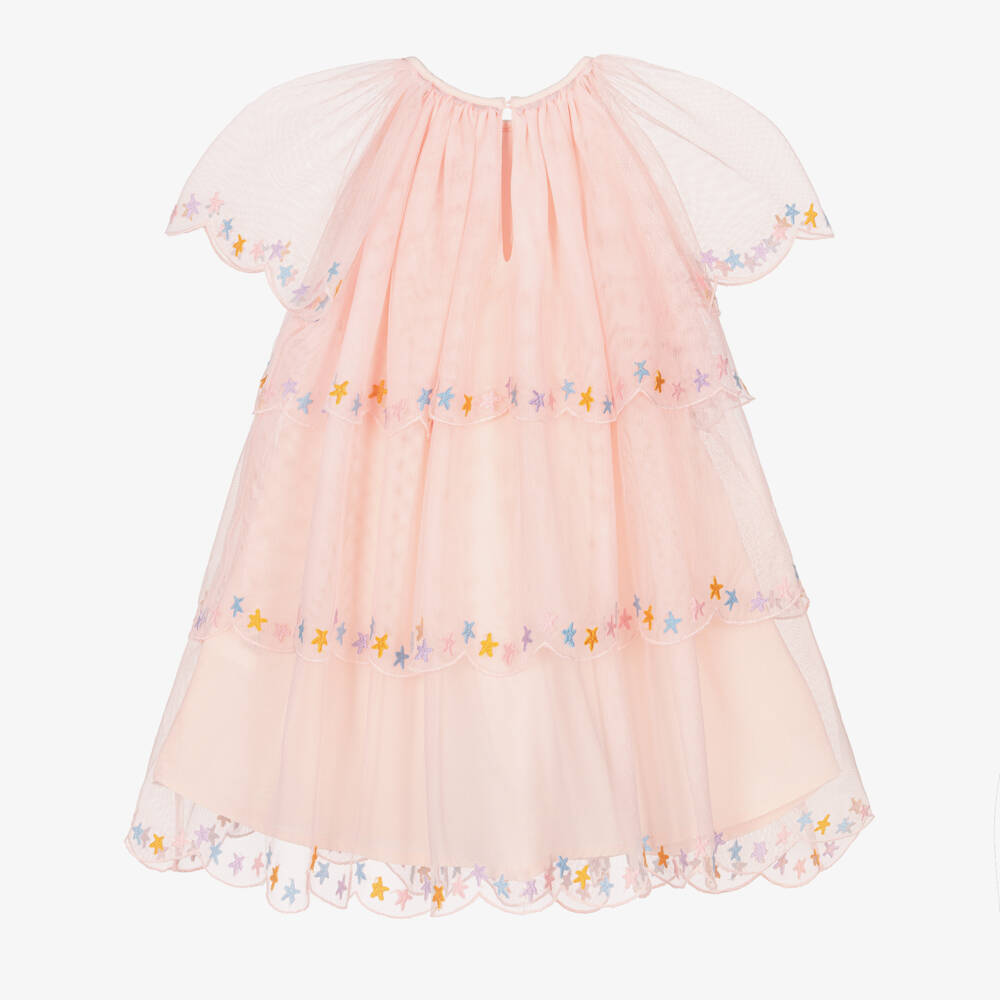 Stella McCartney Kids-Girls Pink Layered Tulle Dress with Star Embroidery | Childrensalon Outlet