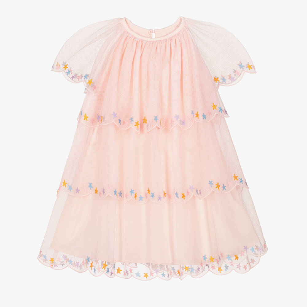 Stella McCartney Kids-Girls Pink Layered Tulle Dress with Star Embroidery | Childrensalon Outlet