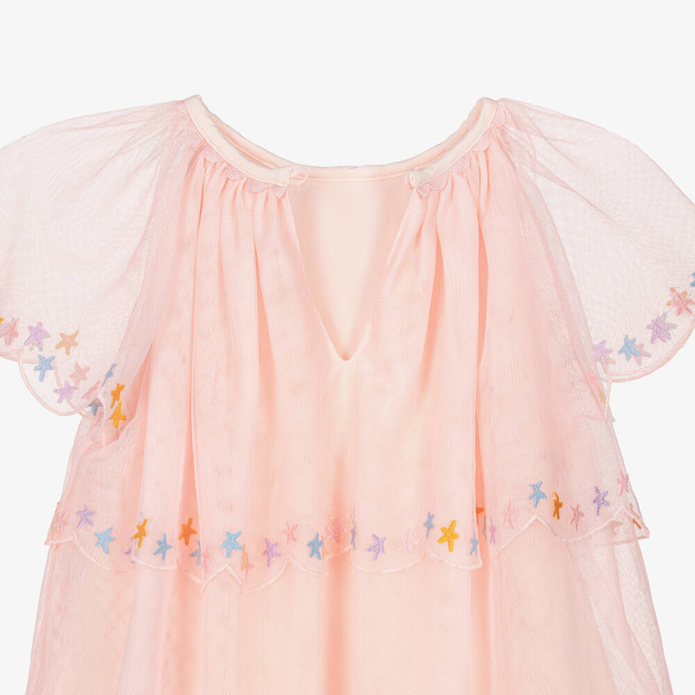 Stella McCartney Kids-Girls Pink Layered Tulle Dress with Star Embroidery | Childrensalon Outlet