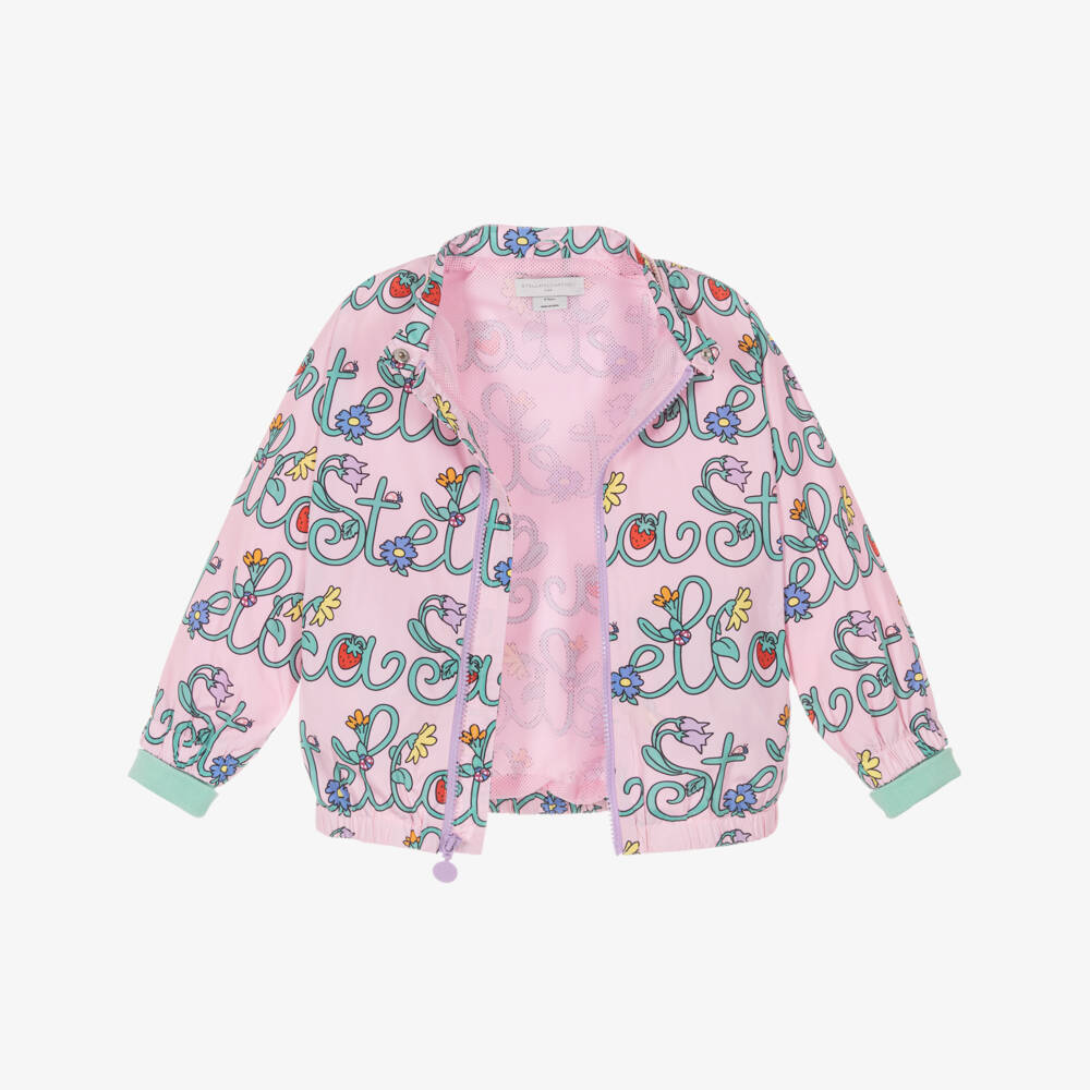 Stella McCartney Kids-Girls Pink Logo Pattern Jacket with Detachable Hood | Childrensalon Outlet