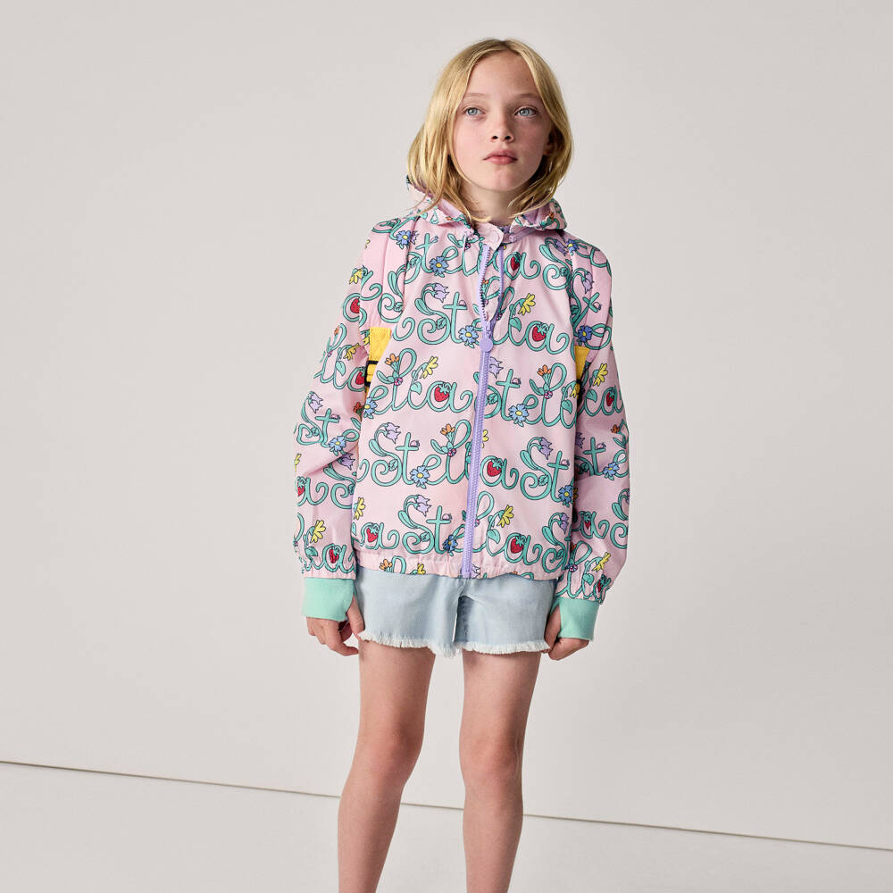Stella McCartney Kids-Girls Pink Logo Pattern Jacket with Detachable Hood | Childrensalon Outlet