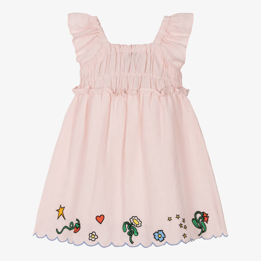 Stella McCartney Kids-Girls Pink Ruched Dress with Floral Hem | Childrensalon Outlet