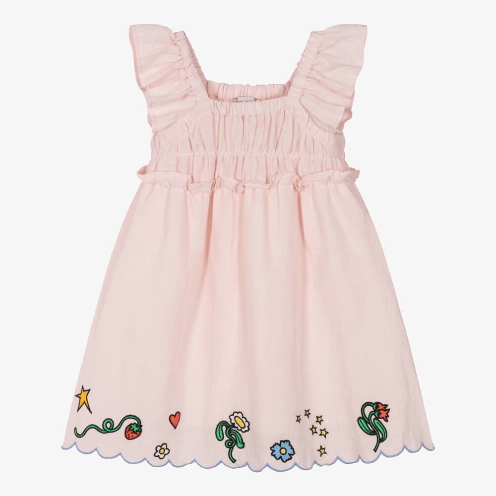 Stella McCartney Kids-Girls Pink Ruched Dress with Floral Hem | Childrensalon Outlet