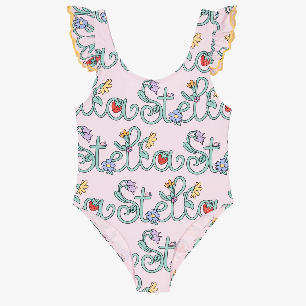 Stella McCartney Kids-Girls Pink Stella Vine Print Swimsuit with Ruffles (UPF50+) | Childrensalon Outlet