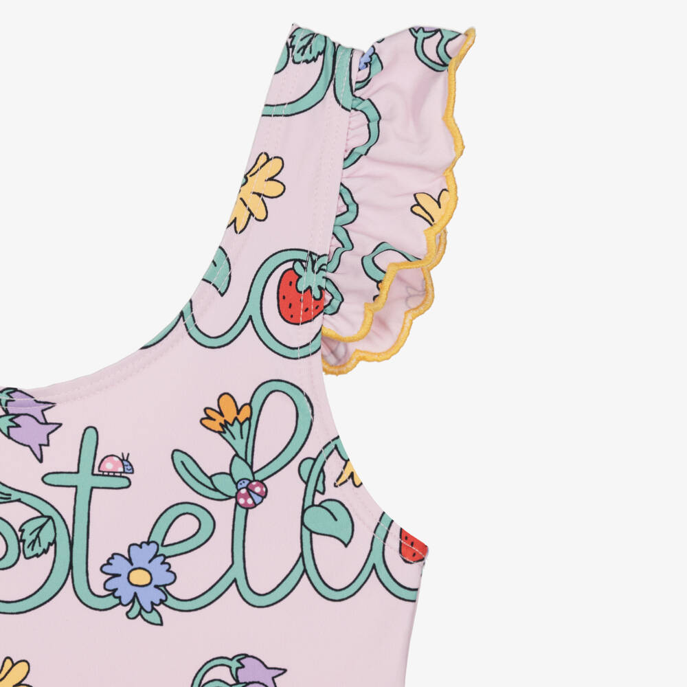 Stella McCartney Kids-Girls Pink Stella Vine Print Swimsuit with Ruffles (UPF50+) | Childrensalon Outlet