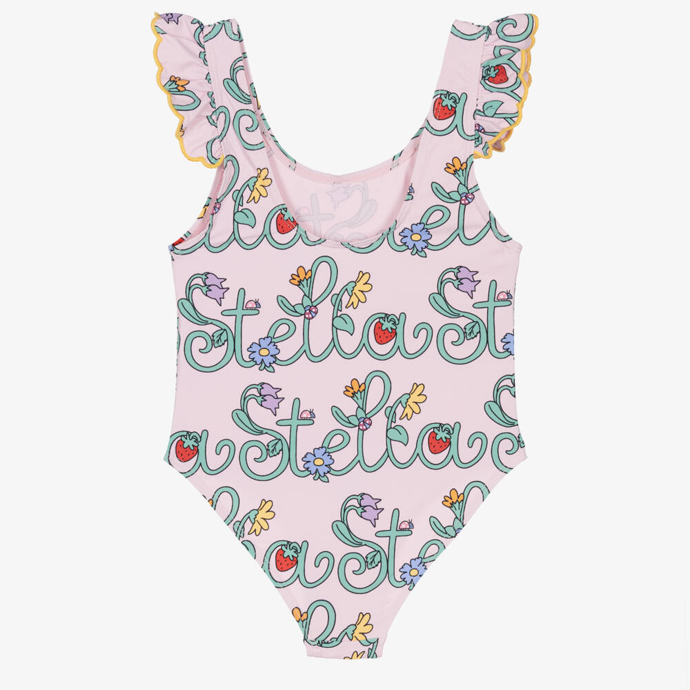 Stella McCartney Kids-Girls Pink Stella Vine Print Swimsuit with Ruffles (UPF50+) | Childrensalon Outlet
