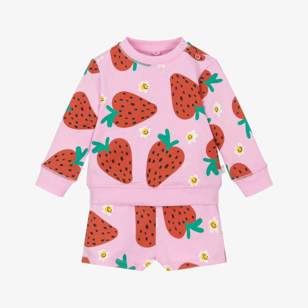 Stella McCartney Kids-طقم بناتي وردي بنقشة الفراولة من القطن النقي | Childrensalon Outlet