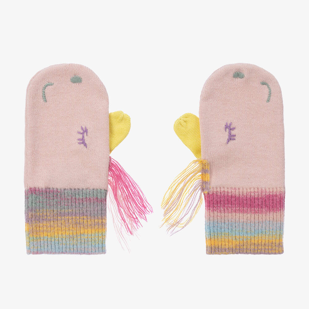 Stella McCartney Kids - Girls Pink Unicorn Knitted Mittens | Childrensalon