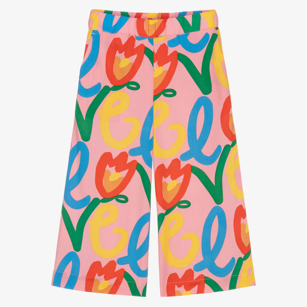 Stella McCartney Kids-Girls Pink Wide Leg Trousers with Tulip Love Print | Childrensalon Outlet