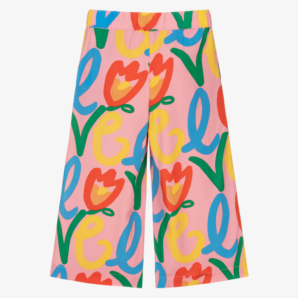 Stella McCartney Kids-Girls Pink Wide Leg Trousers with Tulip Love Print | Childrensalon Outlet