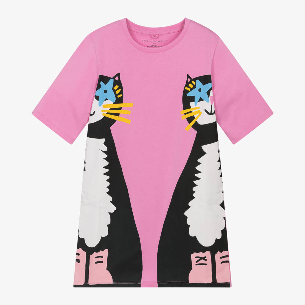Stella McCartney Kids-فستان وردي بطبعة قطة مرحة للبنات | Childrensalon Outlet