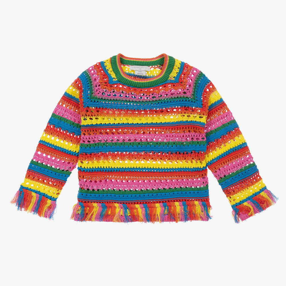 Stella McCartney Kids - Girls Rainbow Stripe Crochet Sweater | Childrensalon