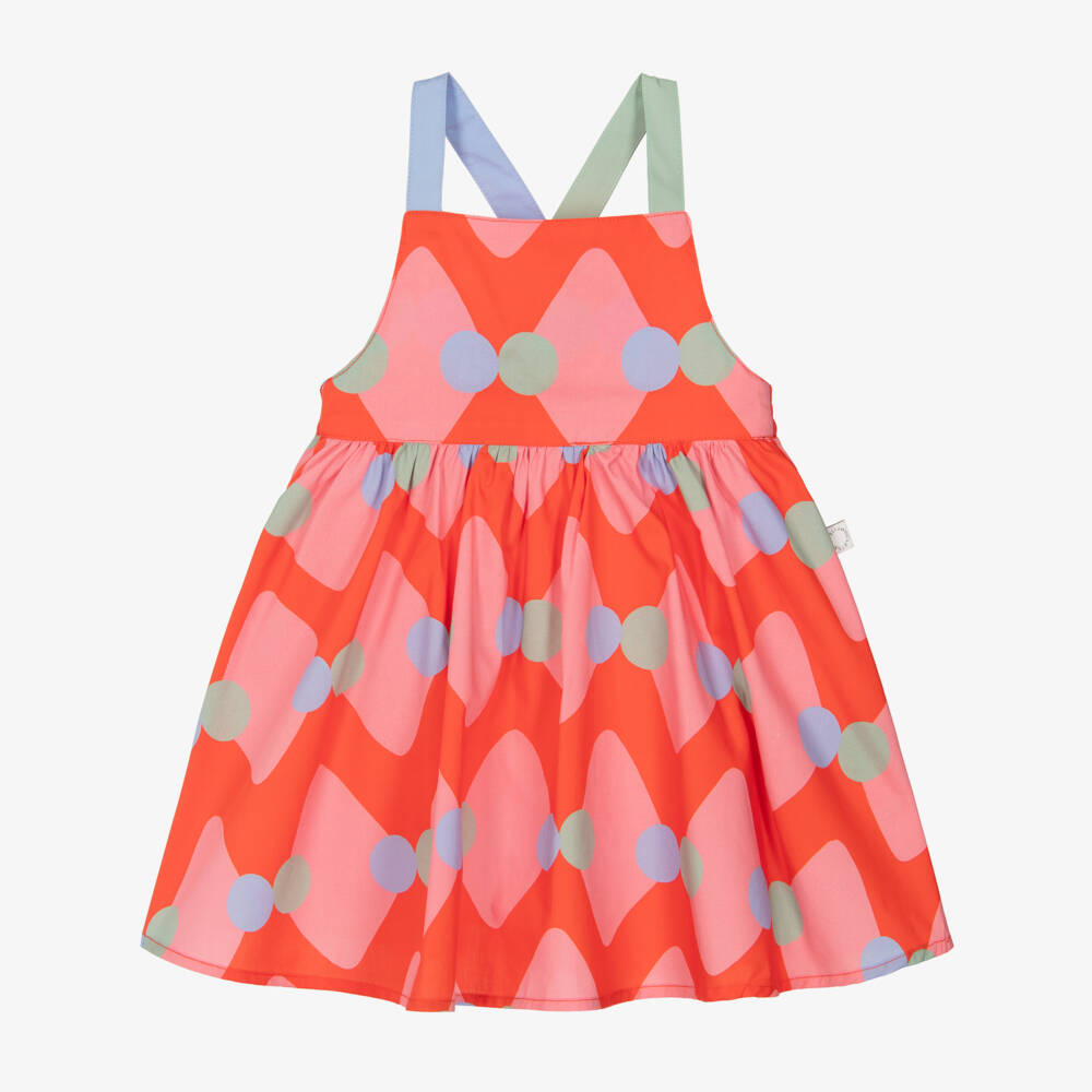 Stella McCartney Kids-Girls Red Cotton Dress with Diamond & Dot Pattern | Childrensalon Outlet