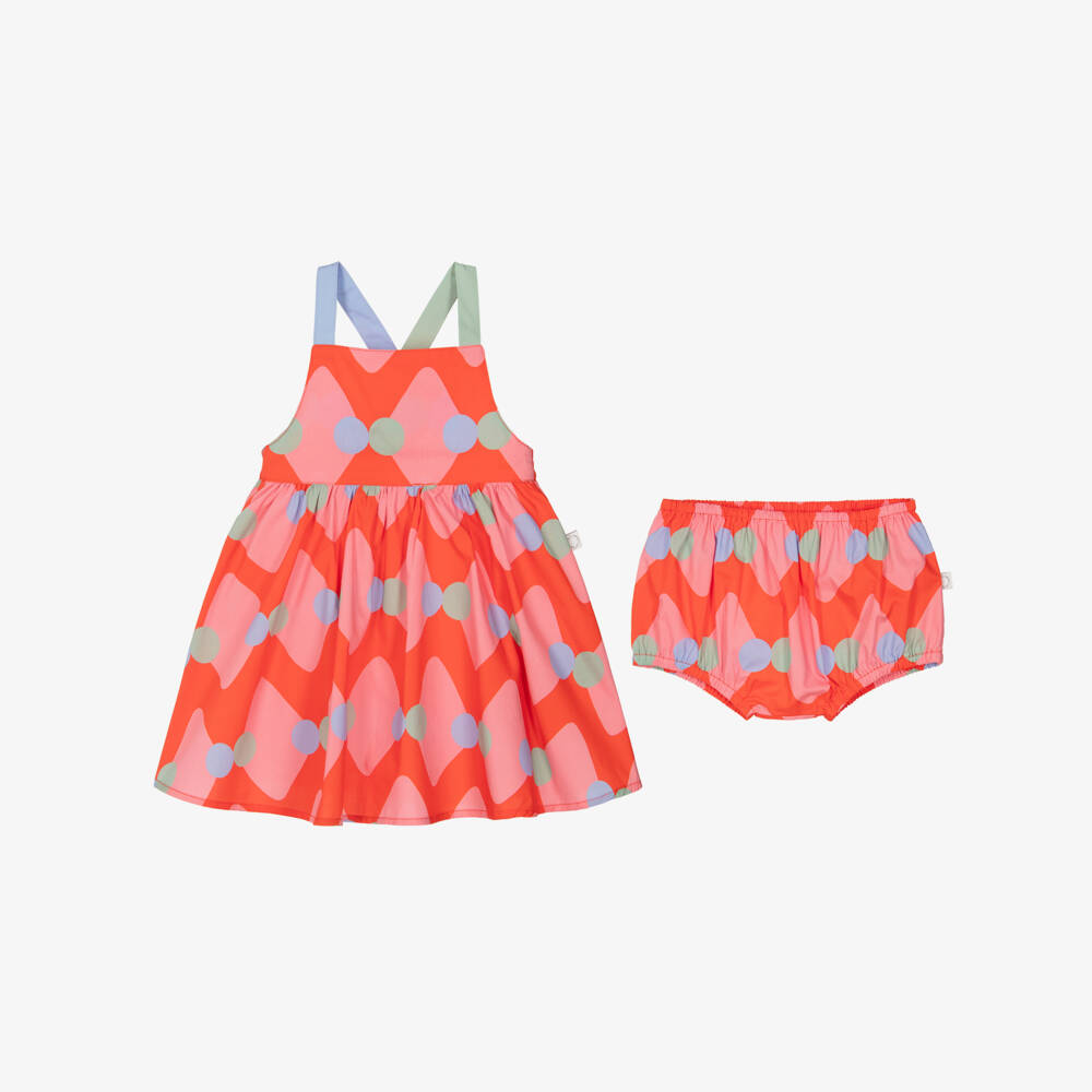 Stella McCartney Kids-Girls Red Cotton Dress with Diamond & Dot Pattern | Childrensalon Outlet
