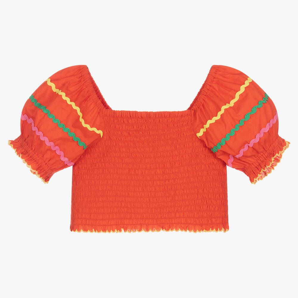 Stella McCartney Kids - Girls Red Cotton Shirred Blouse | Childrensalon