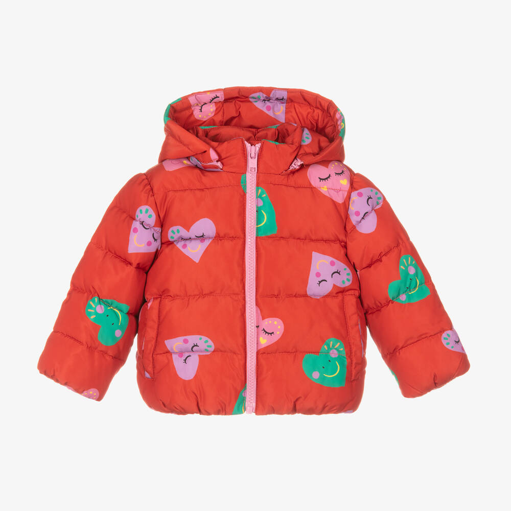 Stella McCartney Kids - Girls Red Happy Hearts Puffer Jacket | Childrensalon