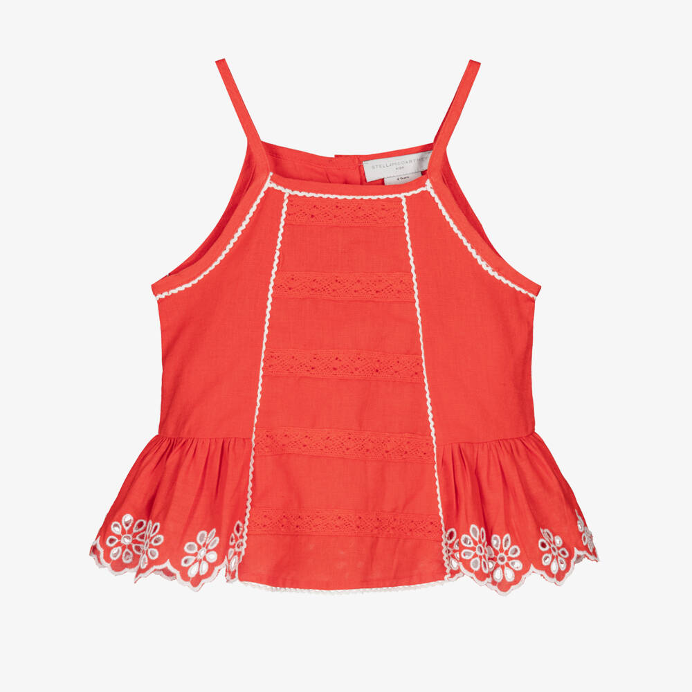 Stella McCartney Kids-Girls Red Linen & Cotton Broderie Anglaise Blouse | Childrensalon Outlet