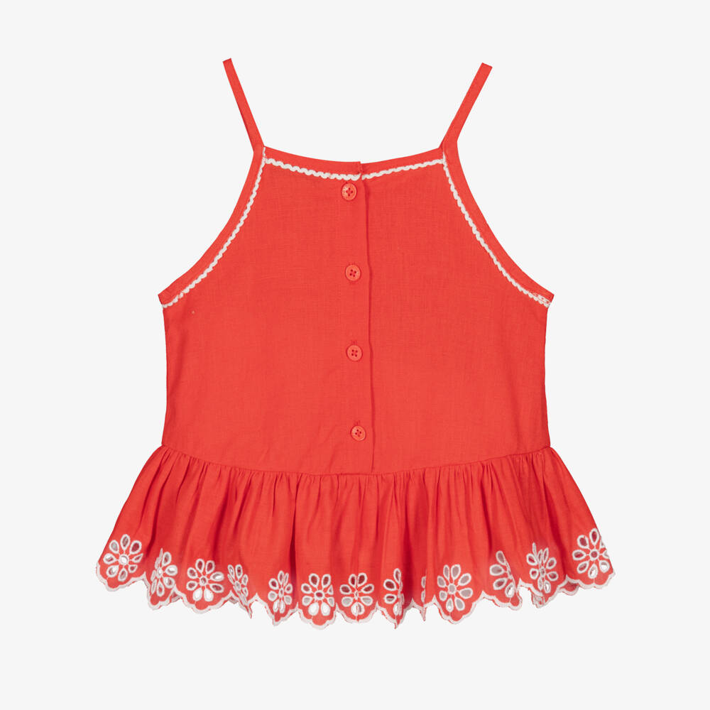 Stella McCartney Kids-Girls Red Linen & Cotton Broderie Anglaise Blouse | Childrensalon Outlet