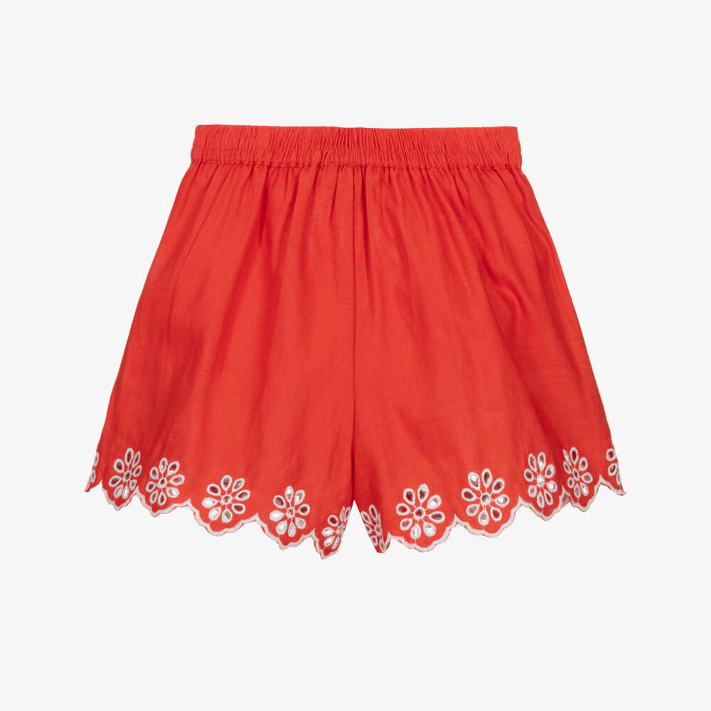 Stella McCartney Kids-Girls Red Linen & Cotton Broderie Anglaise Shorts | Childrensalon Outlet