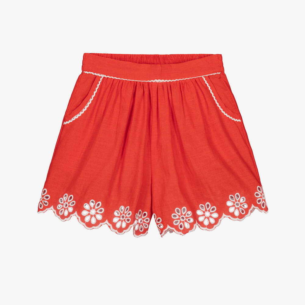 Stella McCartney Kids-Girls Red Linen & Cotton Broderie Anglaise Shorts | Childrensalon Outlet