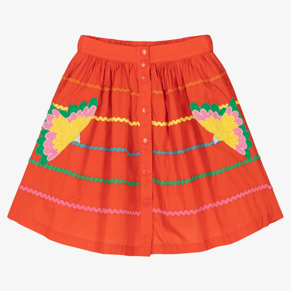 Stella McCartney Kids - Girls Red Organic Cotton Parrot Skirt | Childrensalon