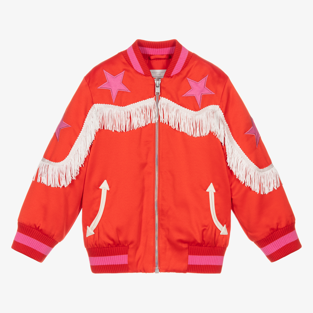 Stella McCartney Kids - Красная атласная куртка-бомбер для девочек | Childrensalon