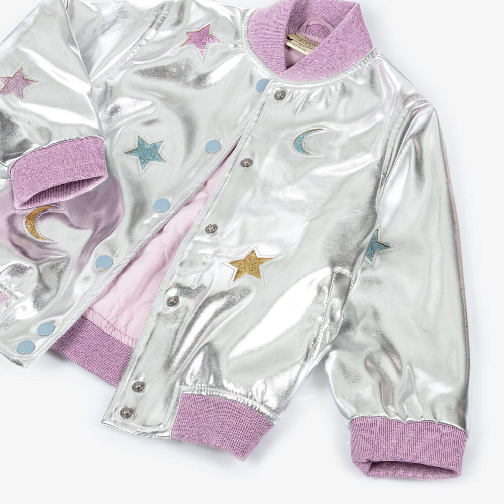 Stella McCartney Kids-Girls Silver Faux Leather Bomber Jacket | Childrensalon Outlet