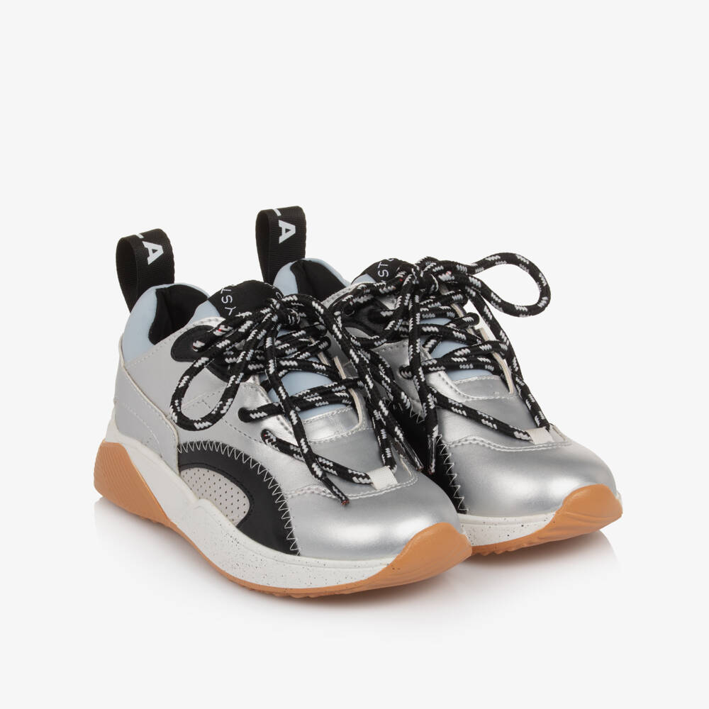 Stella McCartney Kids-Girls Silver Faux Leather Lace-Up Trainers | Childrensalon Outlet