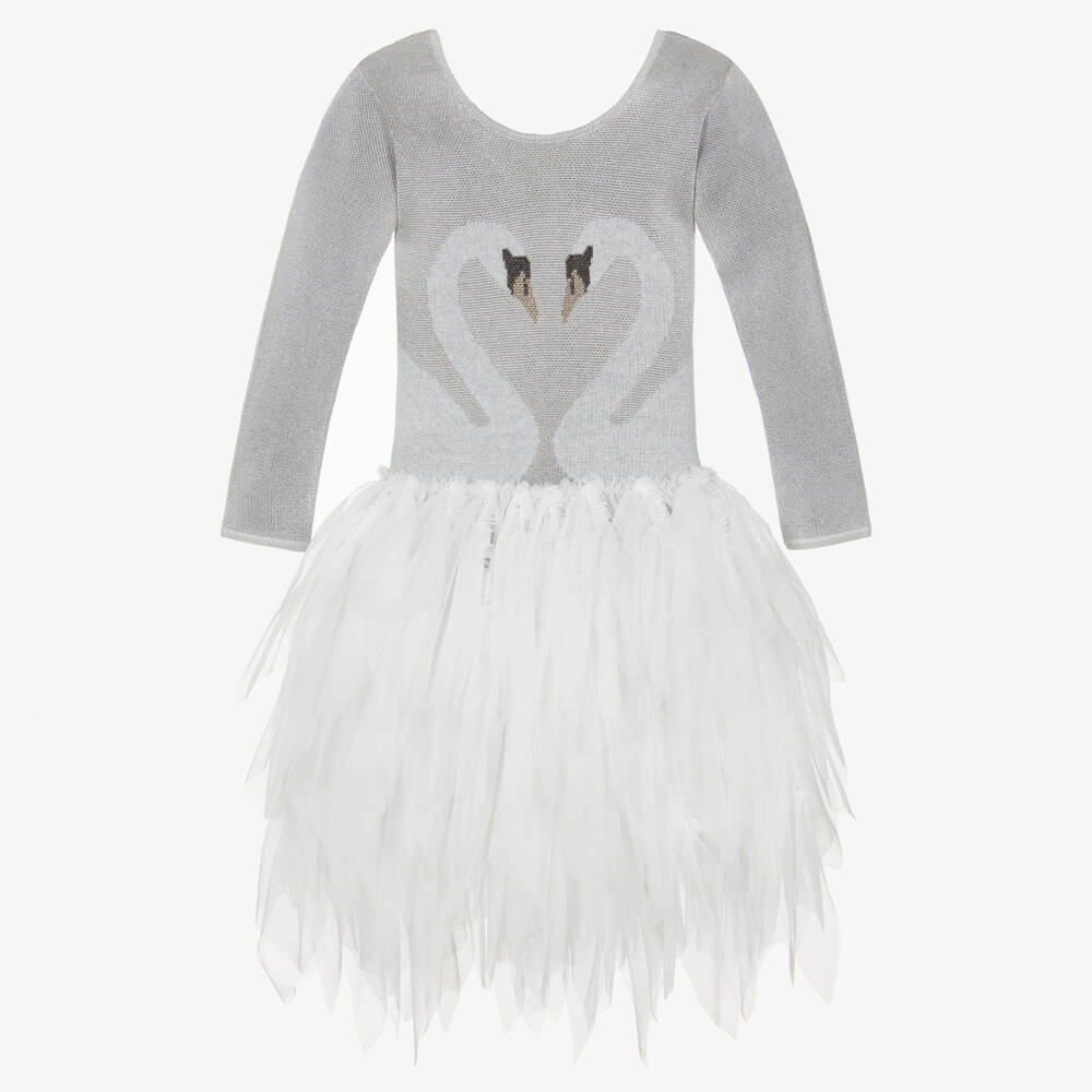 Stella McCartney Kids-Girls Silver Swan Dress with White Tulle | Childrensalon Outlet