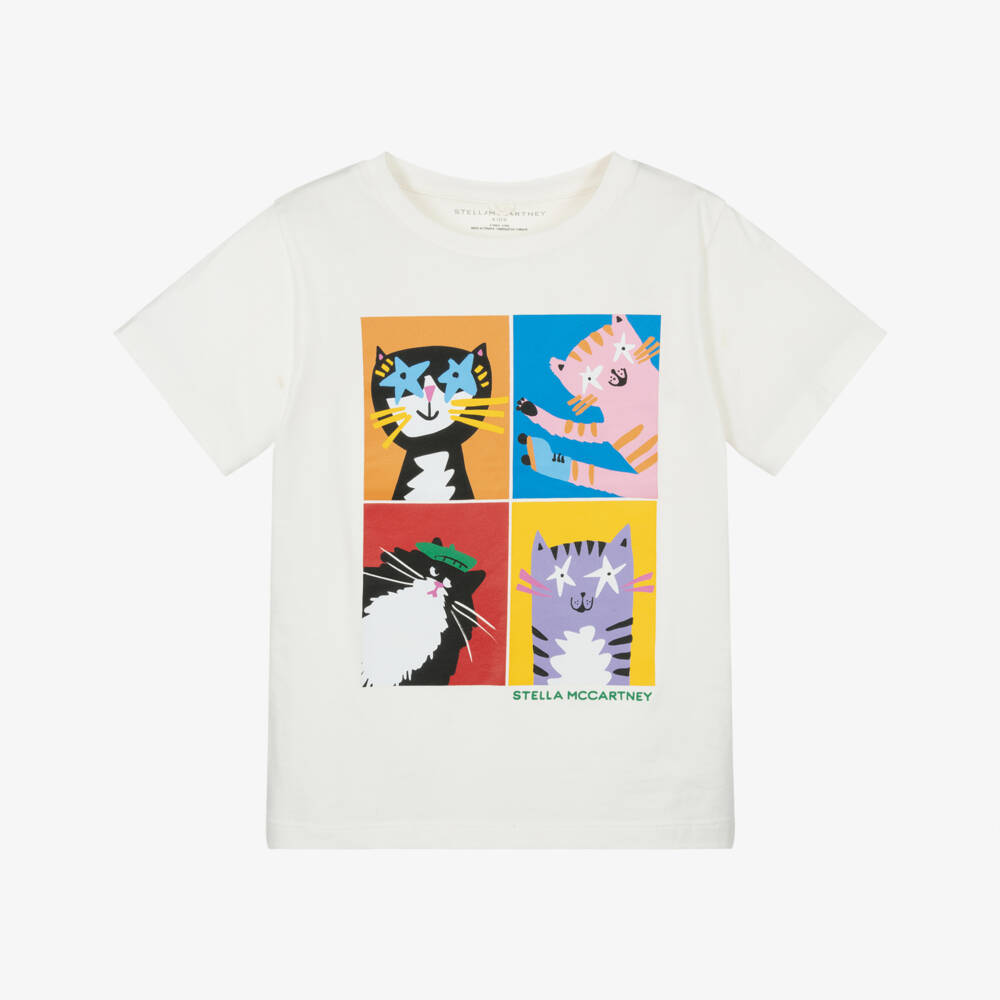 Stella McCartney Kids-تي شيرت ناعم بلون العاج للبنات مع تصميم قطة | Childrensalon Outlet