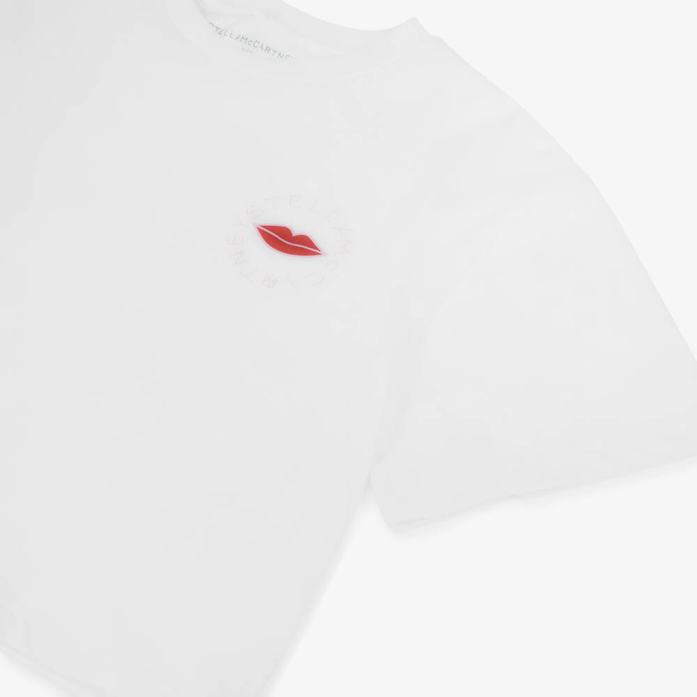 Stella McCartney Kids-Girls White Boxy T-Shirt with Lip Logo Print | Childrensalon Outlet