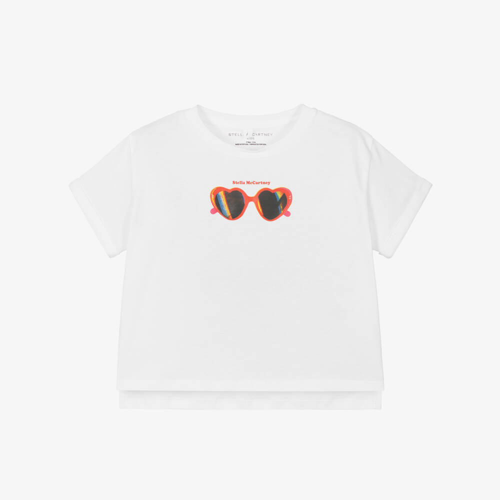 Stella McCartney Kids-تيشيرت أبيض للبنات بنظارات شمسية عصرية | Childrensalon Outlet