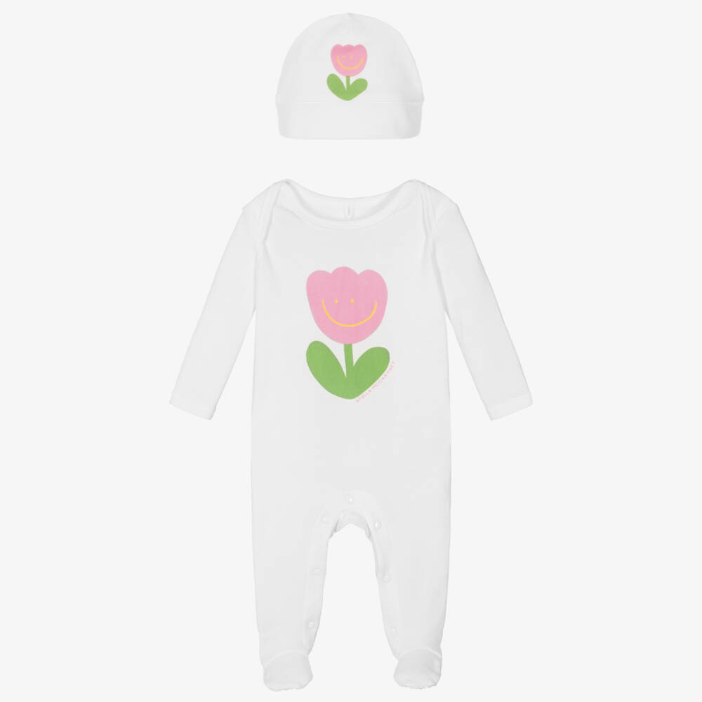 Stella McCartney Kids-Girls White Cotton Babysuit Set with Pink Tulip Motif | Childrensalon Outlet