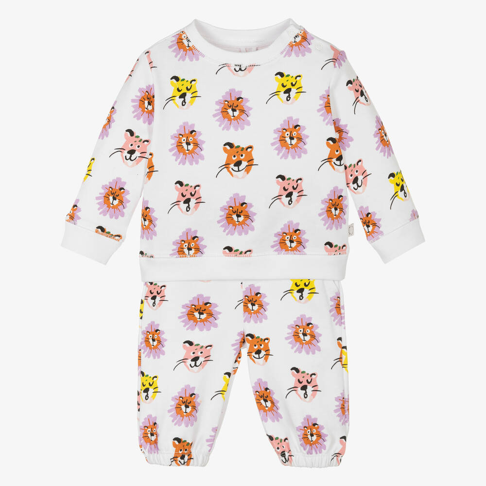 Stella McCartney Kids - Girls White Cotton Big Cat Logo Tracksuit | Childrensalon