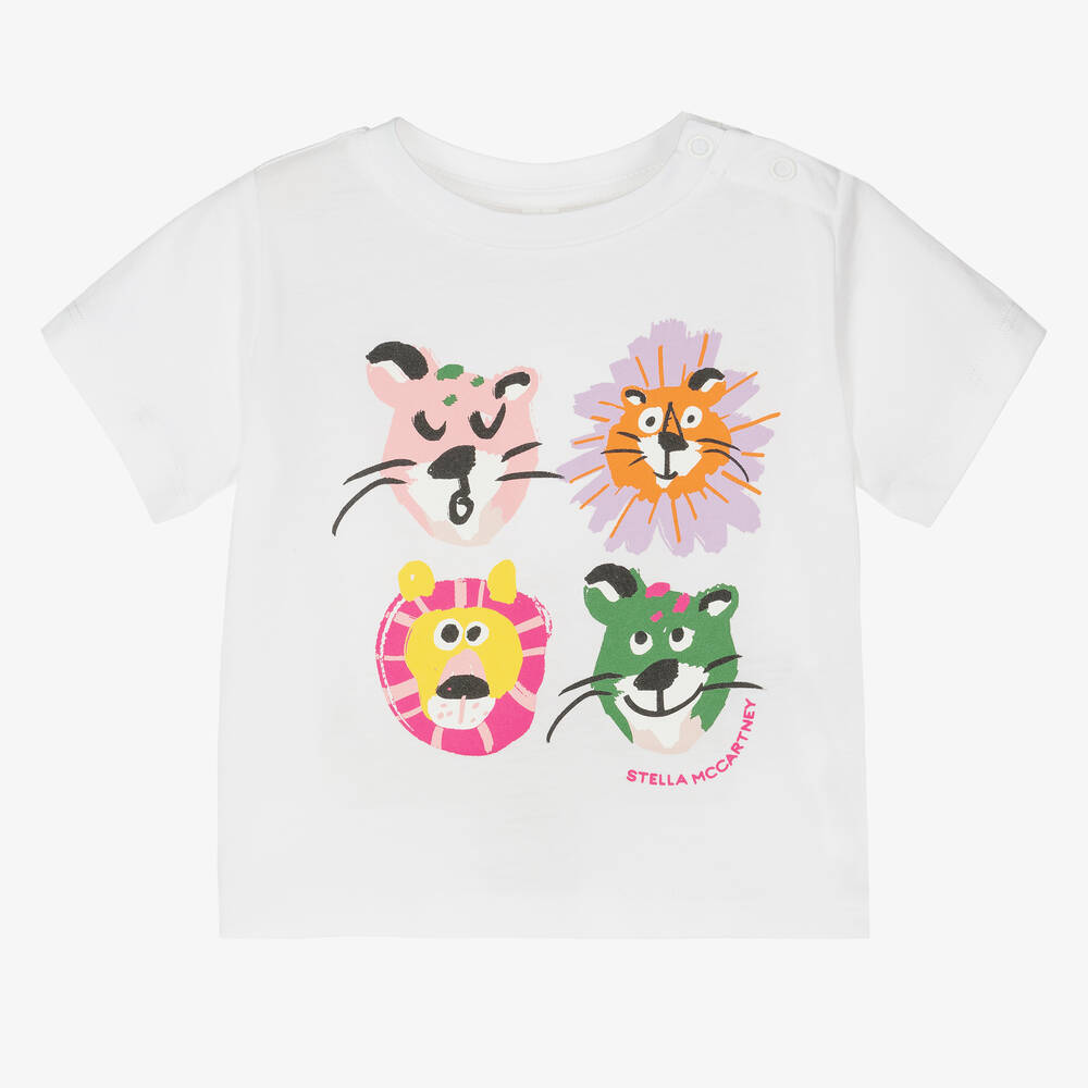 Stella McCartney Kids - Girls White Cotton Big Cat T-Shirt | Childrensalon