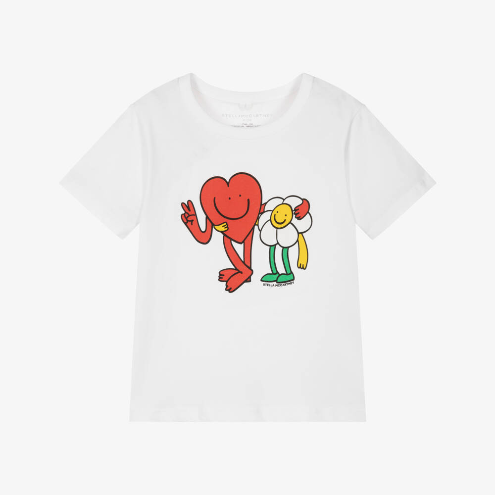 Stella McCartney Kids-Girls White Cotton Heart & Flower Logo T-Shirt | Childrensalon Outlet