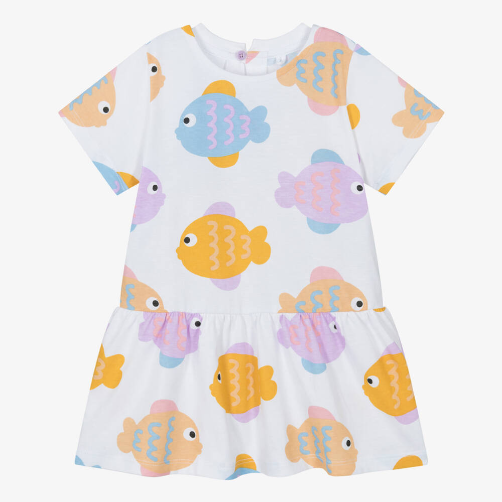 Stella McCartney Kids-Girls White Cotton Jersey Dress with Colourful Fish Print | Childrensalon Outlet