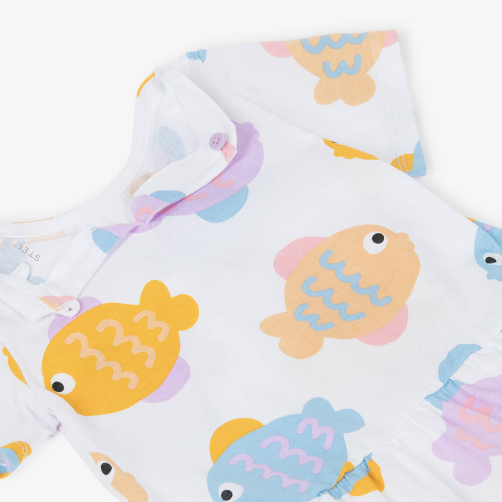 Stella McCartney Kids-Girls White Cotton Jersey Dress with Colourful Fish Print | Childrensalon Outlet