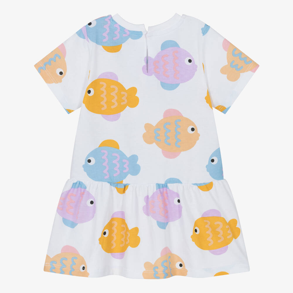 Stella McCartney Kids-Girls White Cotton Jersey Dress with Colourful Fish Print | Childrensalon Outlet