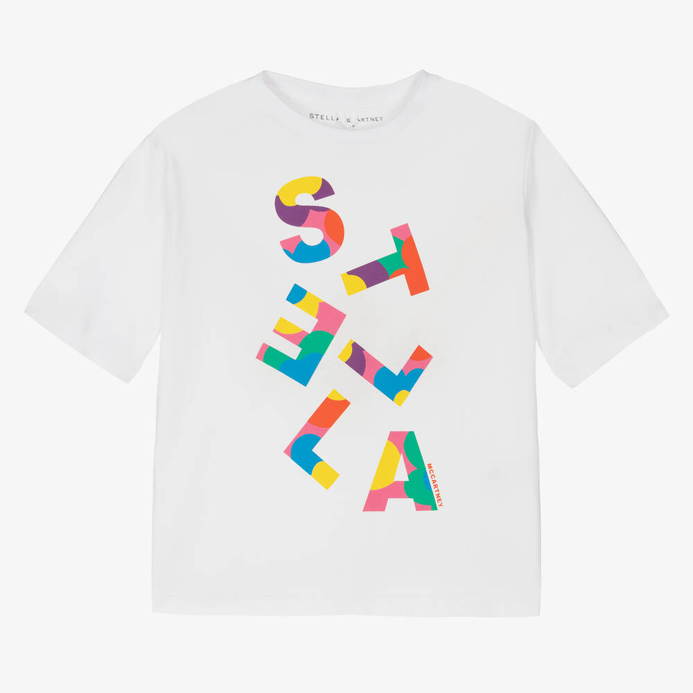 Stella McCartney Kids - Girls White Cotton Logo T-Shirt | Childrensalon