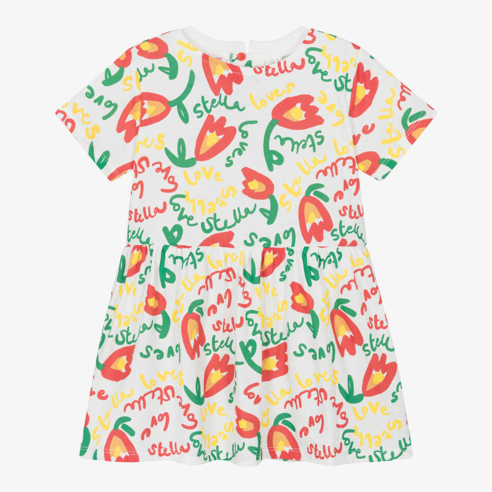 Stella McCartney Kids-Girls White Cotton T-Shirt Dress with Tulip & Logo Print | Childrensalon Outlet