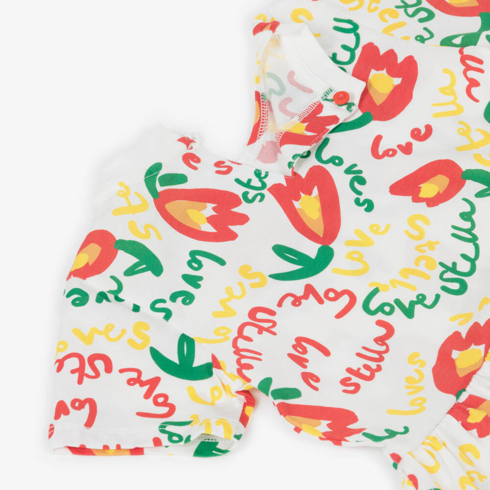 Stella McCartney Kids-Girls White Cotton T-Shirt Dress with Tulip & Logo Print | Childrensalon Outlet