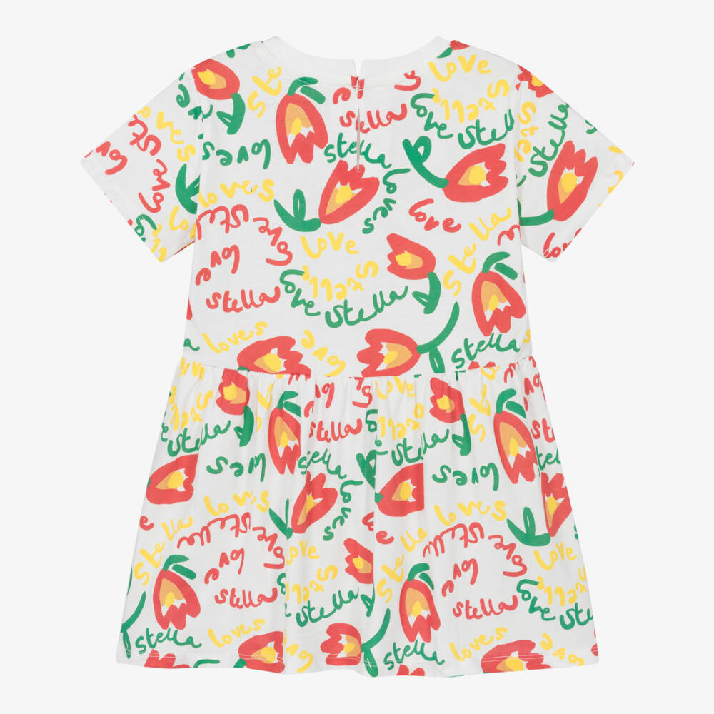 Stella McCartney Kids-Girls White Cotton T-Shirt Dress with Tulip & Logo Print | Childrensalon Outlet