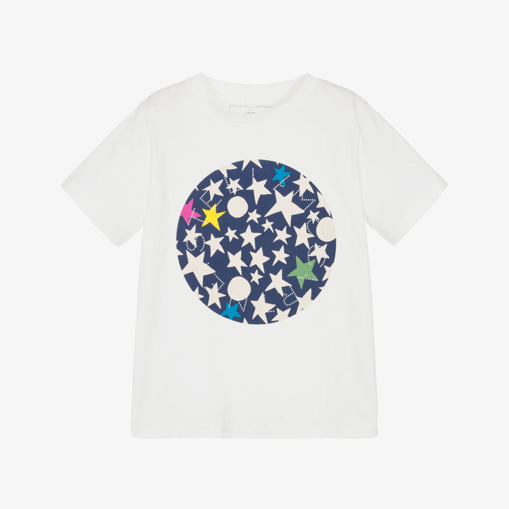 Stella McCartney Kids-Girls White Cotton T-Shirt with Blue Star Print | Childrensalon Outlet