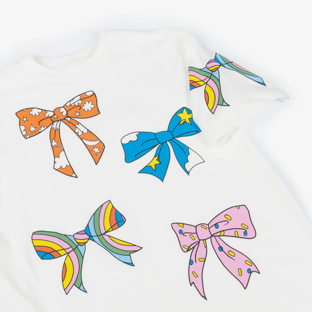 Stella McCartney Kids-Girls White Cotton T-Shirt with Colourful Bow Print | Childrensalon Outlet
