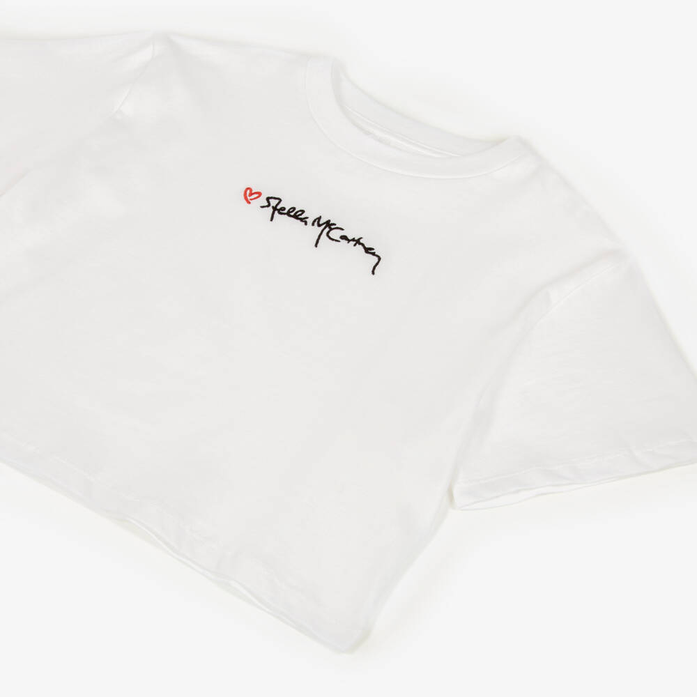 Stella McCartney Kids-Girls White Cotton T-Shirt with Heart & Script logo | Childrensalon Outlet