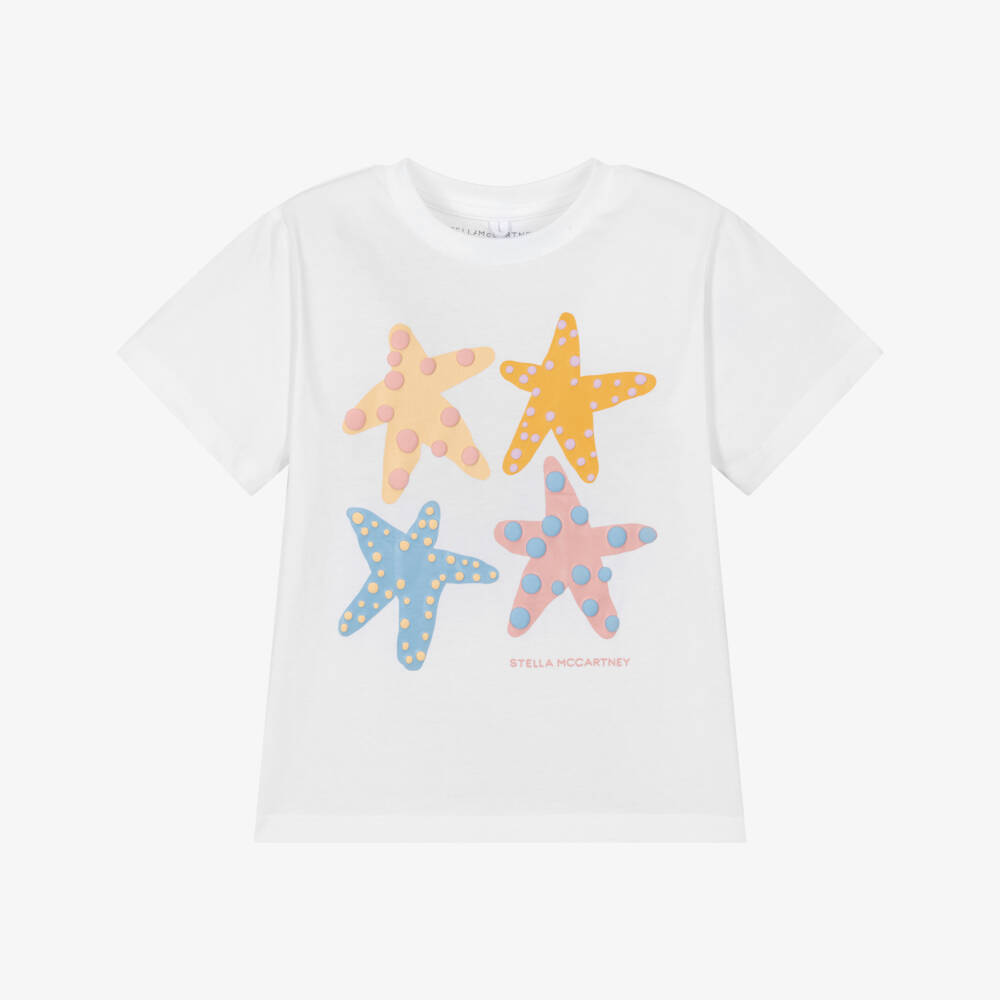 Stella McCartney Kids-Girls White Cotton T-Shirt with Pastel Starfish | Childrensalon Outlet